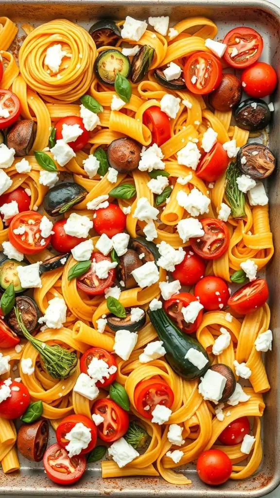 A colorful sheet pan dinner featuring roasted vegetables and pasta topped with feta cheese.
