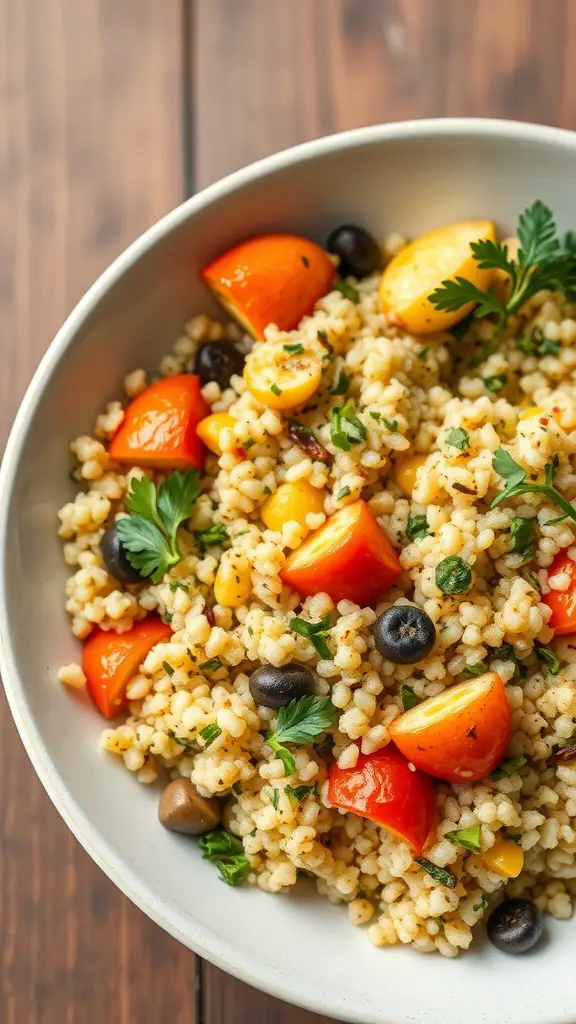 A bowl of couscous salad with roasted vegetables, featuring colorful peppers, tomatoes, and olives.