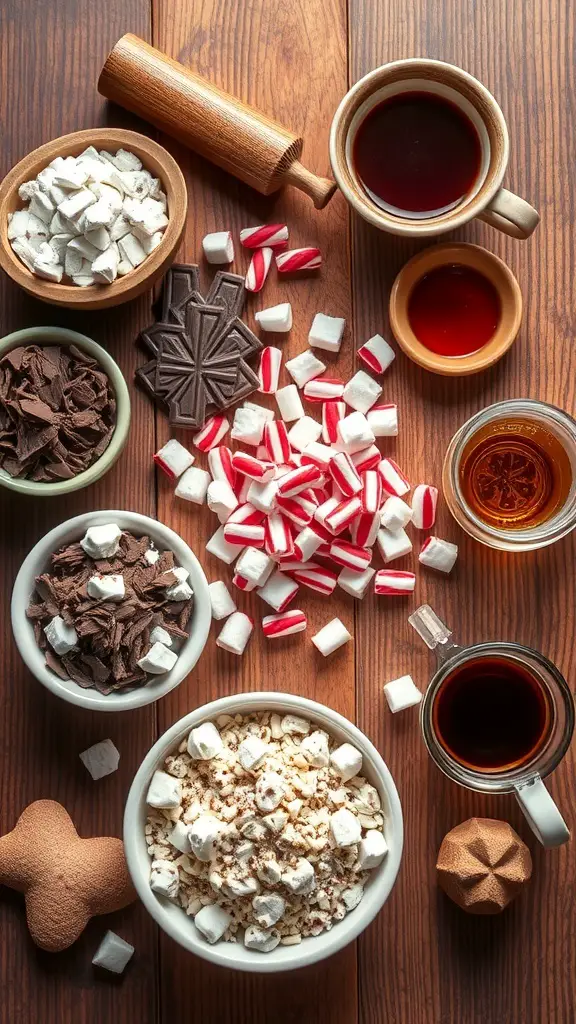 A variety of gourmet toppings for hot chocolate including marshmallows, peppermint candies, chocolate shavings, and popcorn.