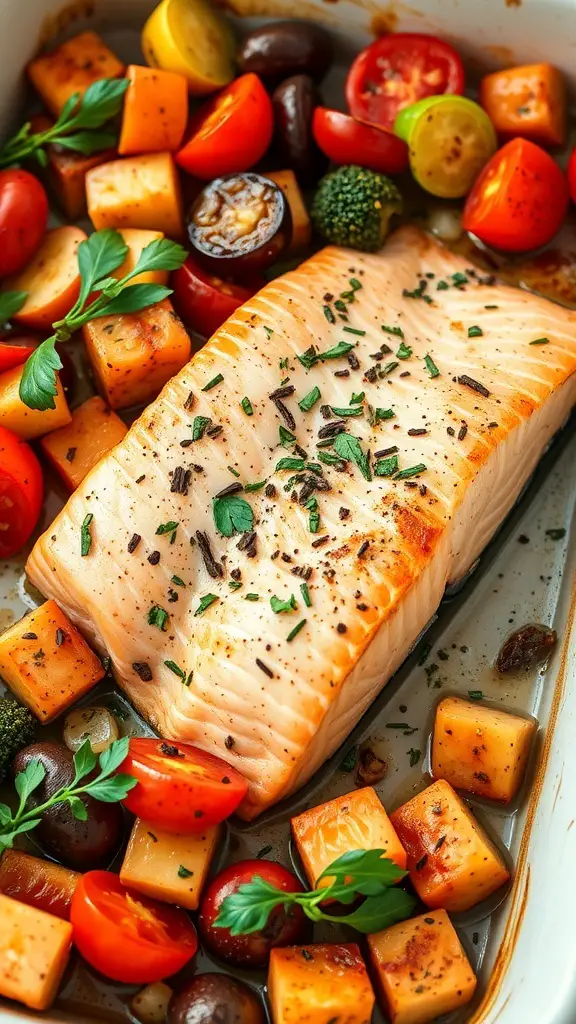 A baked salmon fillet with colorful vegetables including tomatoes, squash, and broccoli.