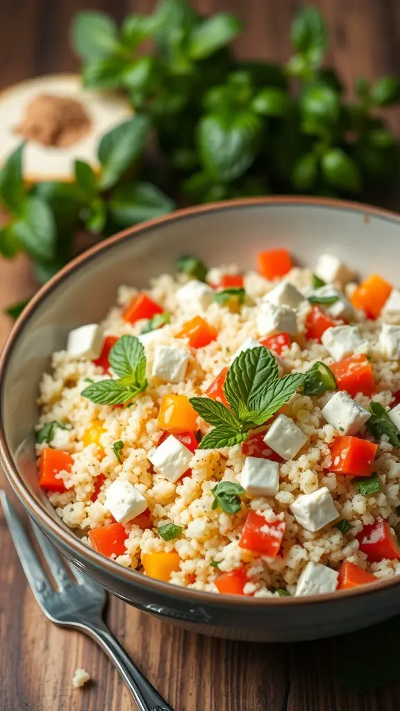 A bowl of couscous salad with feta cheese, bell peppers, and mint leaves.