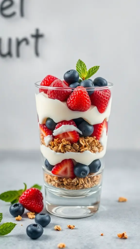 A delicious Greek yogurt parfait with layers of yogurt, granola, strawberries, and blueberries, garnished with mint.