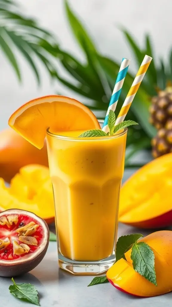 A refreshing Tropical Mango Passionfruit Smoothie in a glass with a slice of mango and mint leaves, surrounded by fresh mangoes and passionfruit.