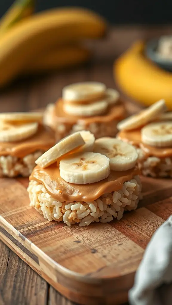 Rice cakes topped with peanut butter and banana slices on a wooden board.