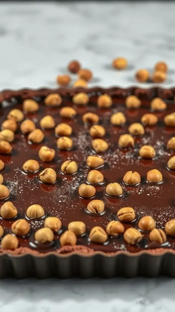 A chocolate hazelnut tart topped with hazelnuts on a marble surface.
