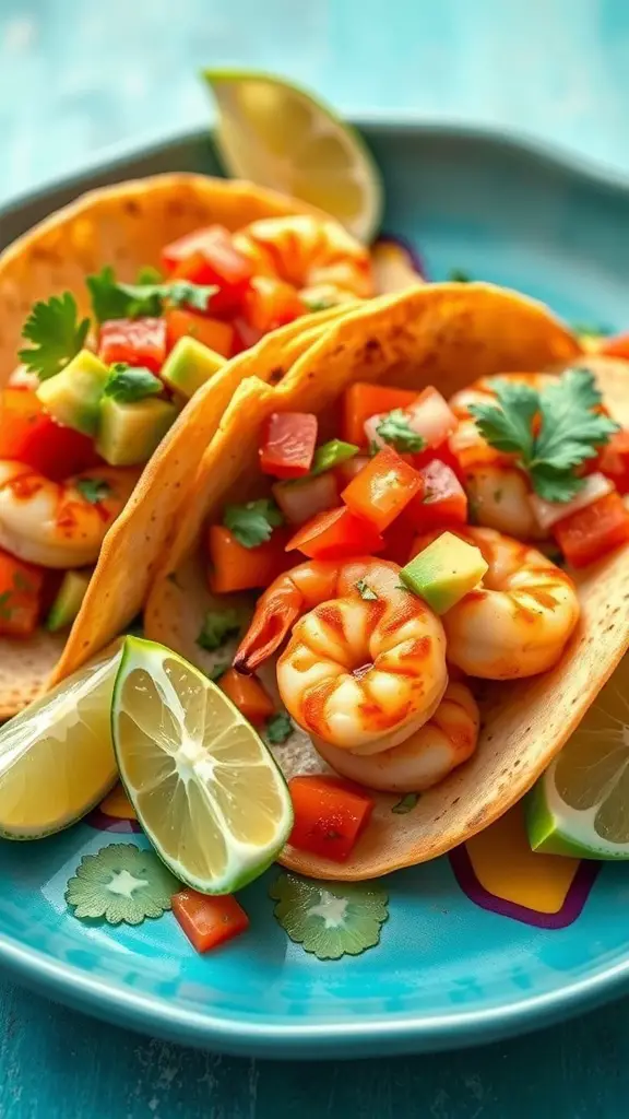 Plate of Mediterranean shrimp tacos with fresh vegetables and lime wedges