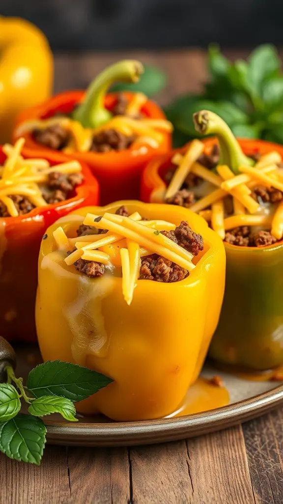 Colorful stuffed bell peppers filled with ground beef and topped with cheese.