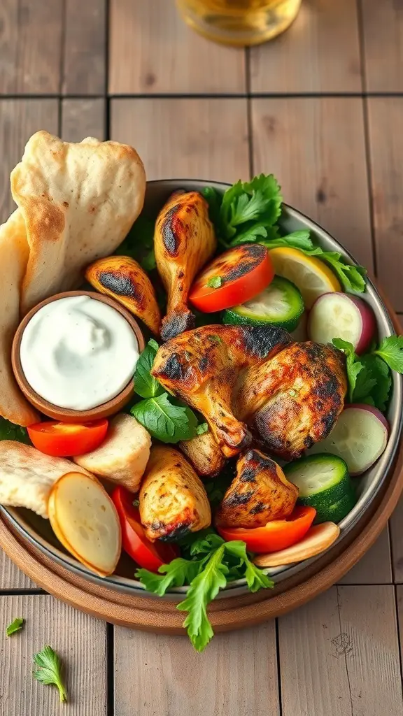 A delicious Grilled Chicken Souvlaki Bowl featuring grilled chicken, fresh vegetables, pita bread, and yogurt sauce.