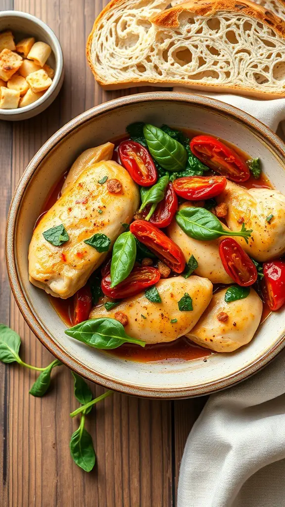 A bowl of Tuscan chicken with sun-dried tomatoes, garnished with fresh basil, alongside a slice of bread.