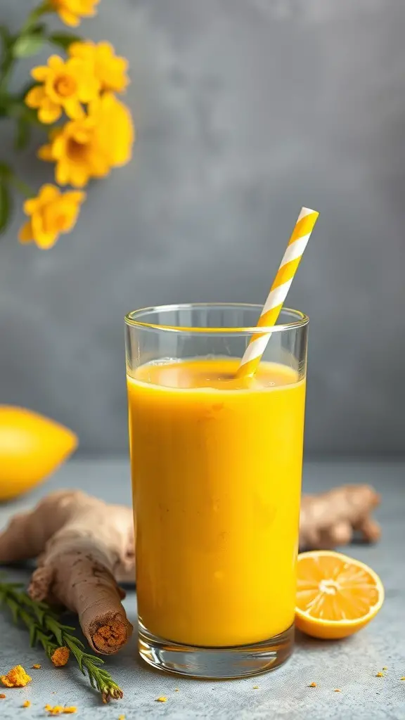 A vibrant yellow turmeric ginger smoothie in a glass with a striped straw, surrounded by fresh ginger and lemon.