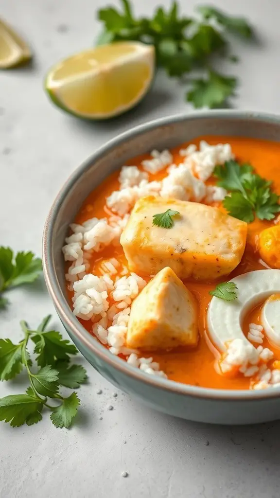 A bowl of Thai Coconut Curry Cod with rice and cilantro
