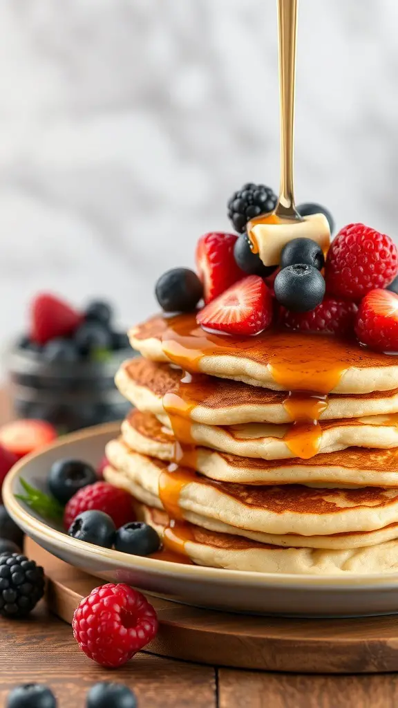 A stack of fluffy cottage cheese pancakes topped with maple syrup and fresh berries.