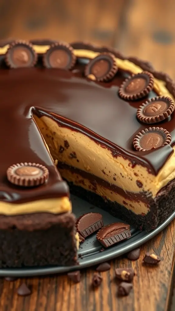 A delicious Chocolate Peanut Butter Cup Pie with a slice taken out, showcasing layers of chocolate and peanut butter.
