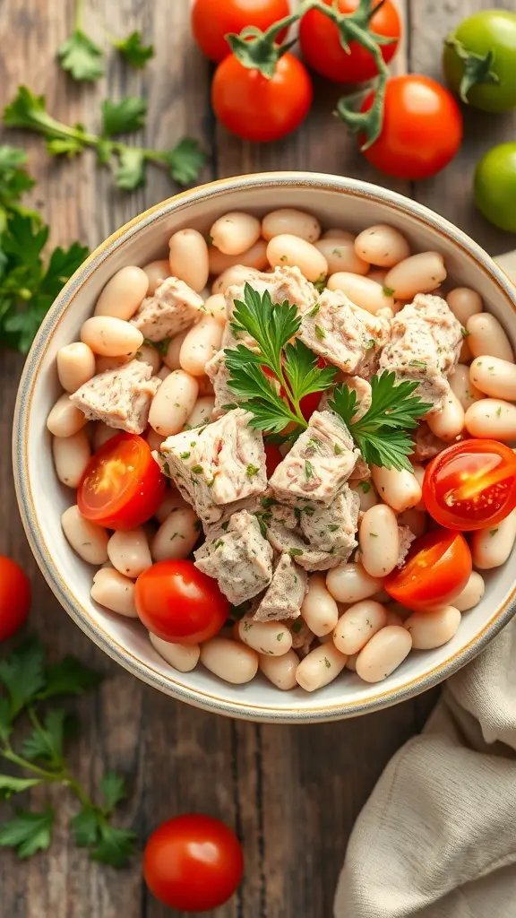 A bowl of Tuna and White Bean Salad with cherry tomatoes and parsley on a wooden table.