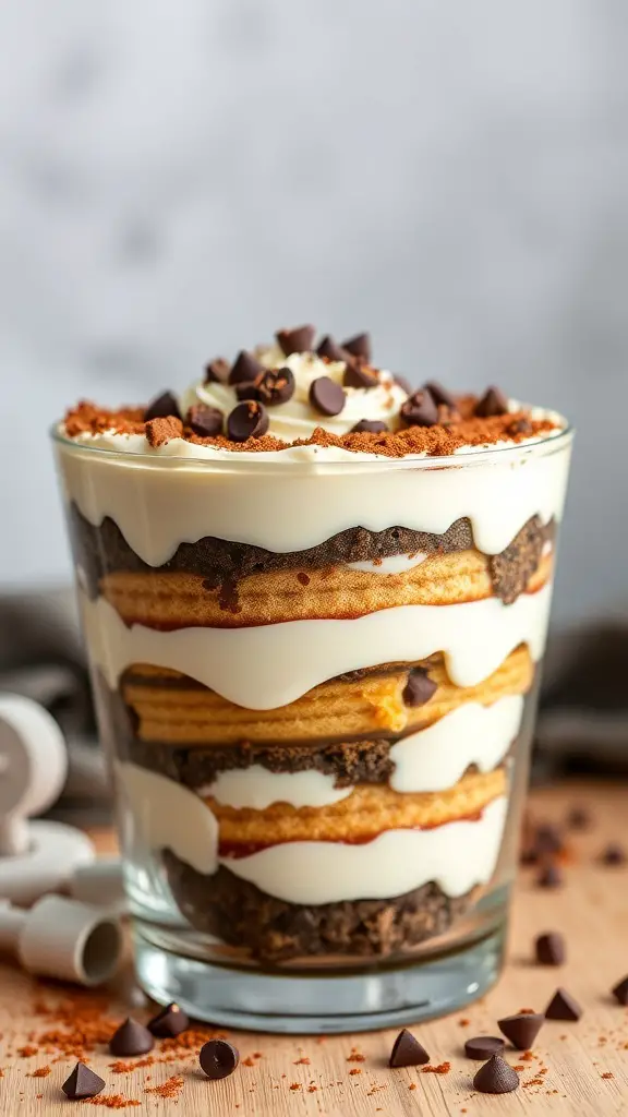 A glass of rich tiramisu trifle with layers of ladyfingers, mascarpone, and cocoa powder, topped with chocolate chips.