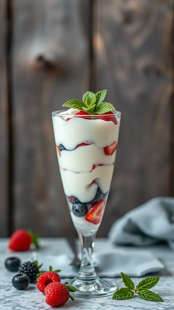 A glass of Berry Coconut Cream Parfait with layers of coconut cream and fresh berries, garnished with mint.