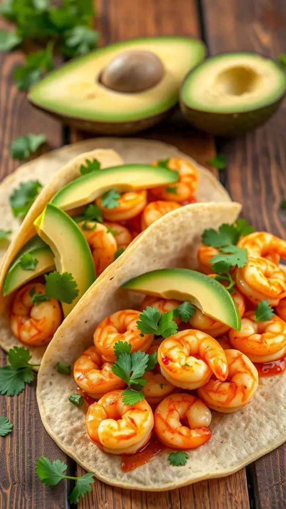 Spicy shrimp tacos with avocado slices and cilantro on a wooden table