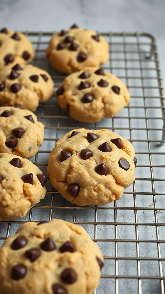 Freshly baked chocolate chip cottage cheese cookies cooling on a wire rack.