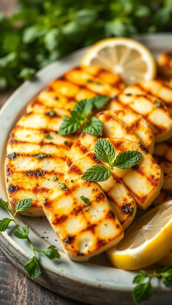 Grilled halloumi cheese slices garnished with mint leaves and lemon slices