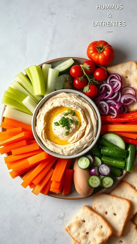 A colorful hummus and veggie platter featuring a bowl of hummus surrounded by fresh vegetables like carrots, celery, cucumbers, and cherry tomatoes.