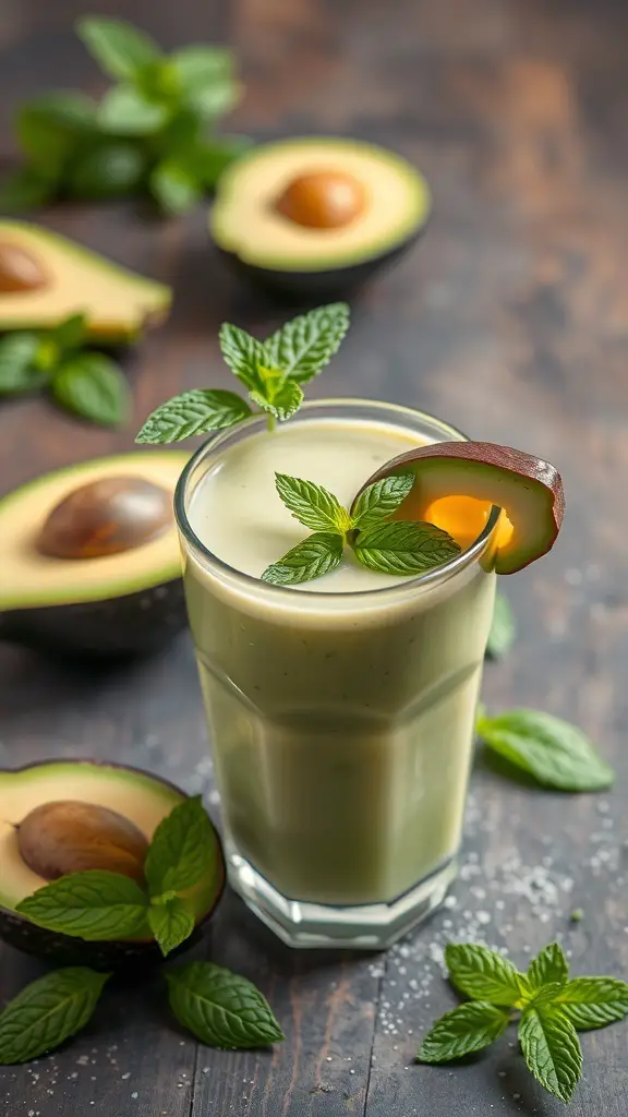 A refreshing avocado mint smoothie in a glass, garnished with mint leaves and a slice of avocado, surrounded by fresh mint and avocado halves.