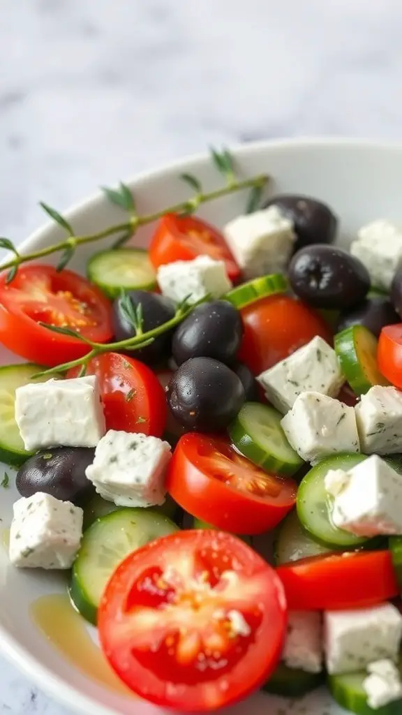 A bowl of Classic Greek Salad with tomatoes, cucumbers, olives, and feta cheese.