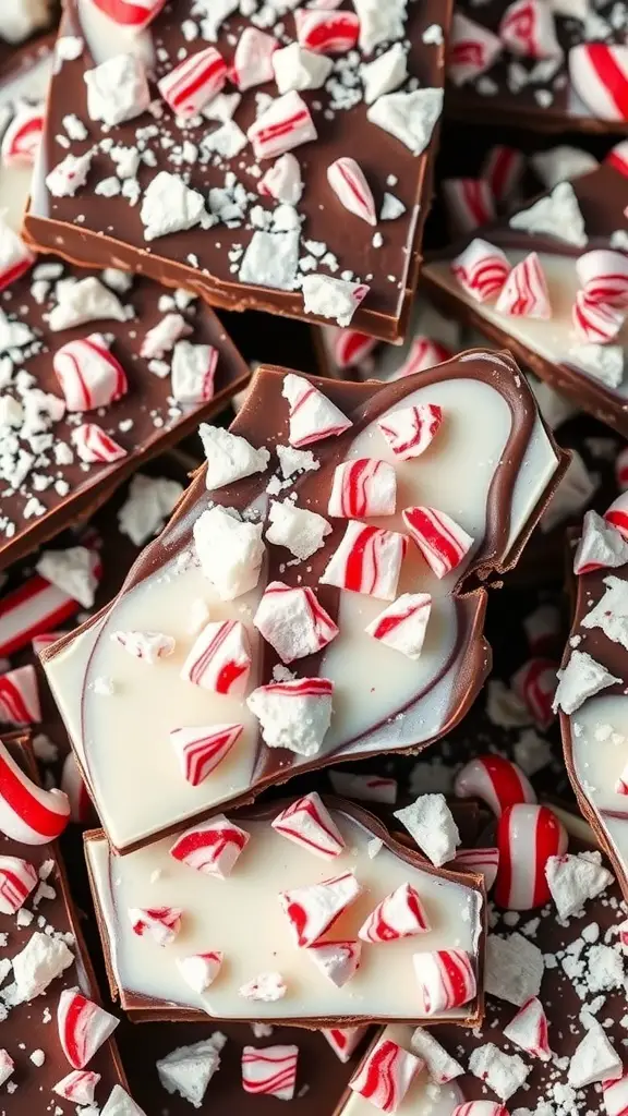A close-up of peppermint bark with layers of dark and white chocolate, topped with crushed peppermint candies.