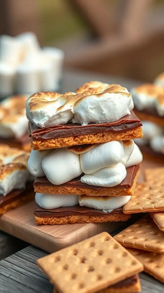 A stack of s'mores cookie bars with toasted marshmallows and chocolate, surrounded by graham crackers.