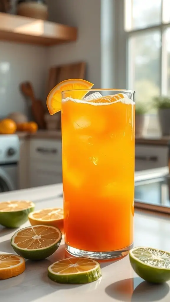 A refreshing glass of Citrus Burst Electrolyte Blend with ice, garnished with an orange slice, surrounded by fresh citrus fruits.