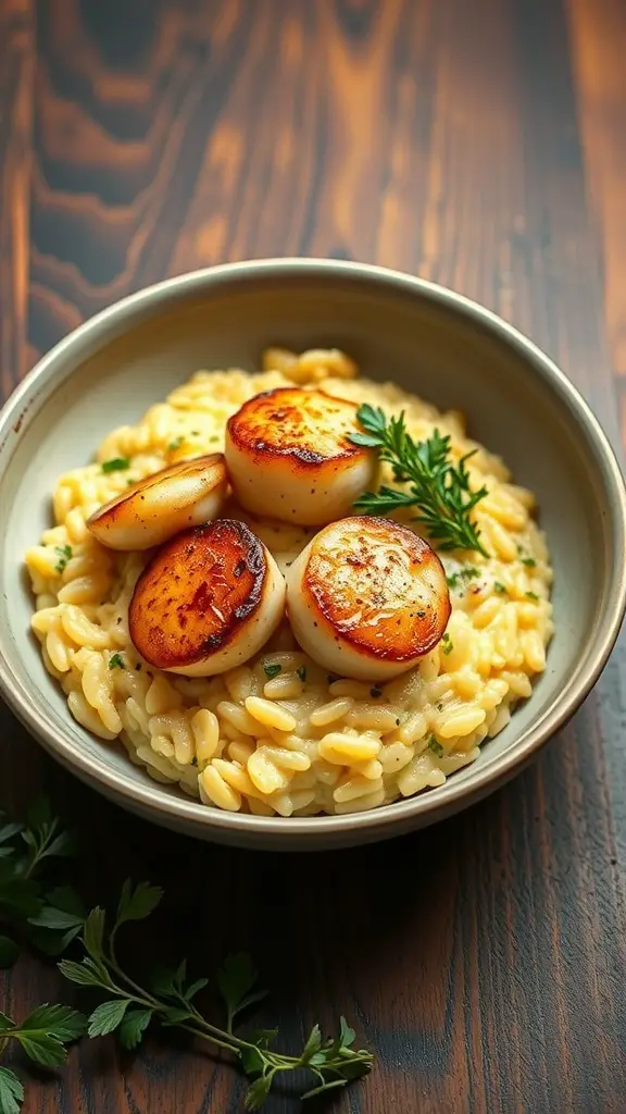 A bowl of saffron risotto topped with seared scallops, garnished with fresh herbs.
