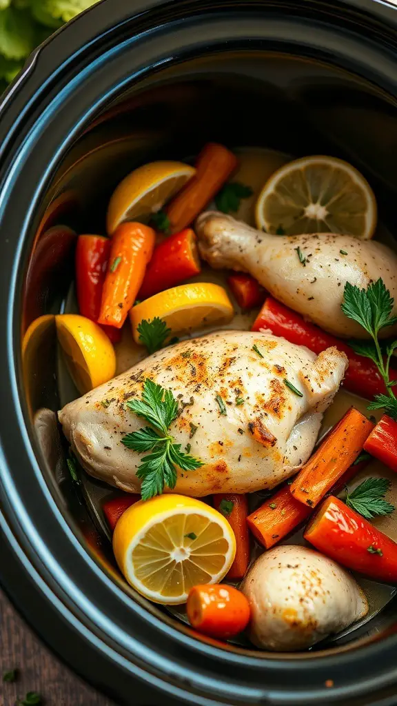 Crock pot with lemon herb chicken and colorful vegetables
