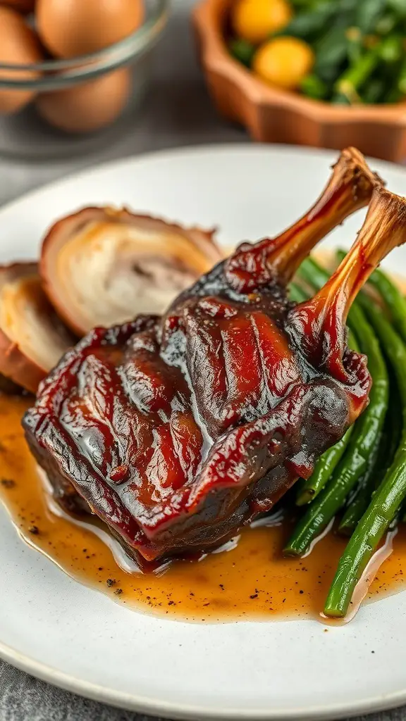 A plate of rich duck confit with green beans and sauce