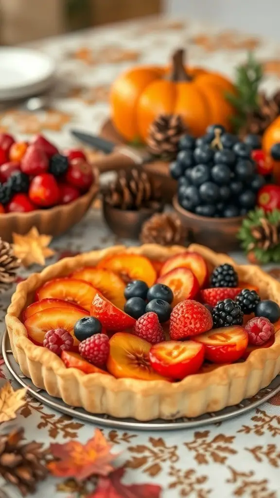 A colorful harvest fruit tart surrounded by fresh fruits and autumn decorations.
