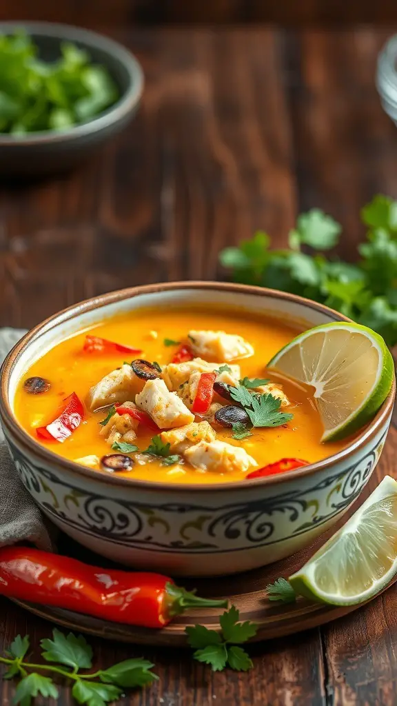 A bowl of Coconut Curry Chicken Soup with vibrant colors and garnished with lime and cilantro.