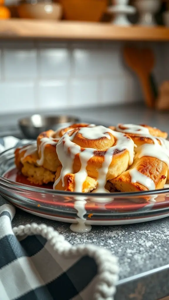A delicious cinnamon roll casserole topped with creamy icing, ready to be served.