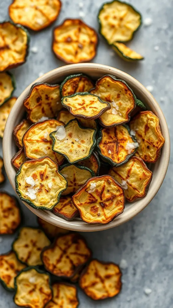 A bowl of baked zucchini chips with sea salt, surrounded by scattered chips on a gray surface.