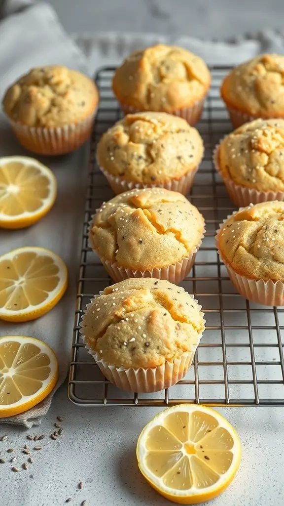 Lemon poppy seed muffins on a cooling rack with lemon slices