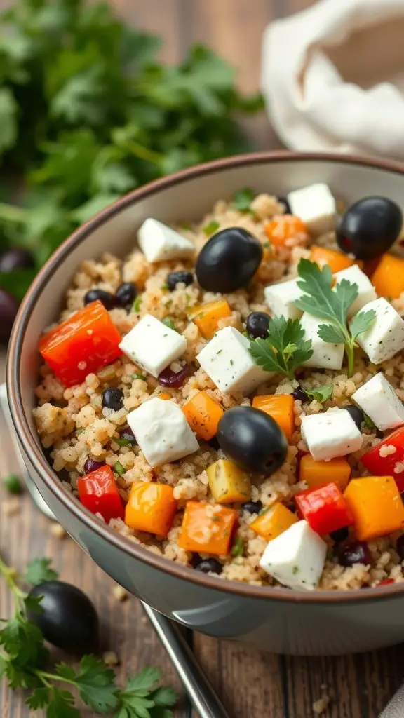 A colorful Mediterranean quinoa bowl with bell peppers, black olives, and feta cheese.