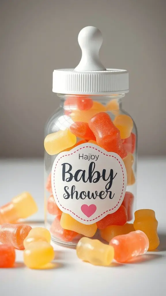 A jar filled with colorful baby bottle gummies for a baby shower