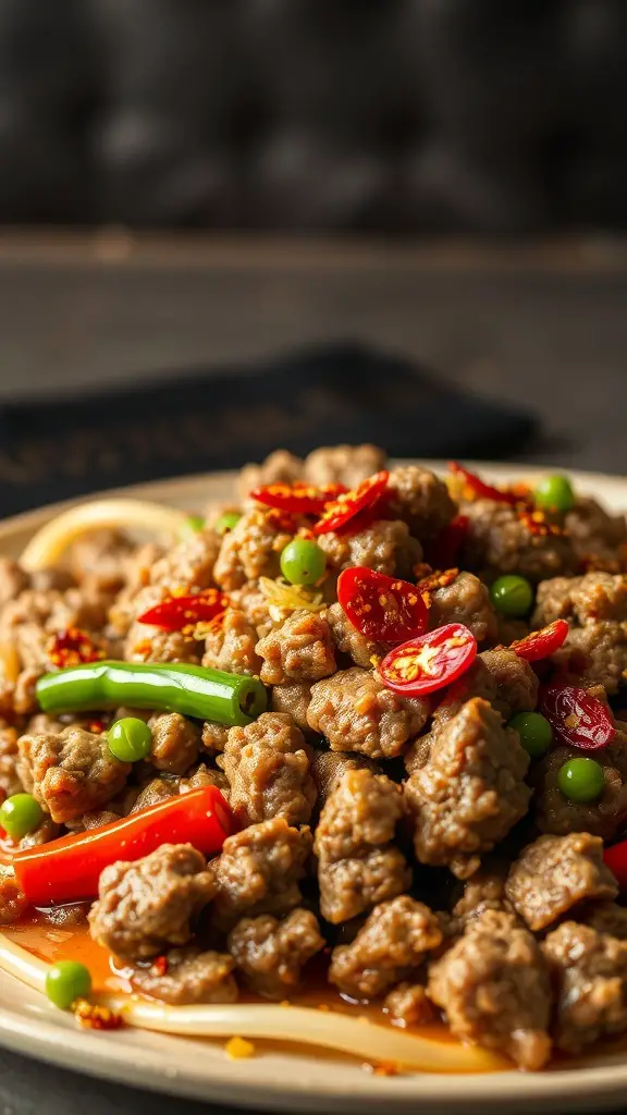 A plate of Mediterranean ground beef stir fry with chili flakes and peppers