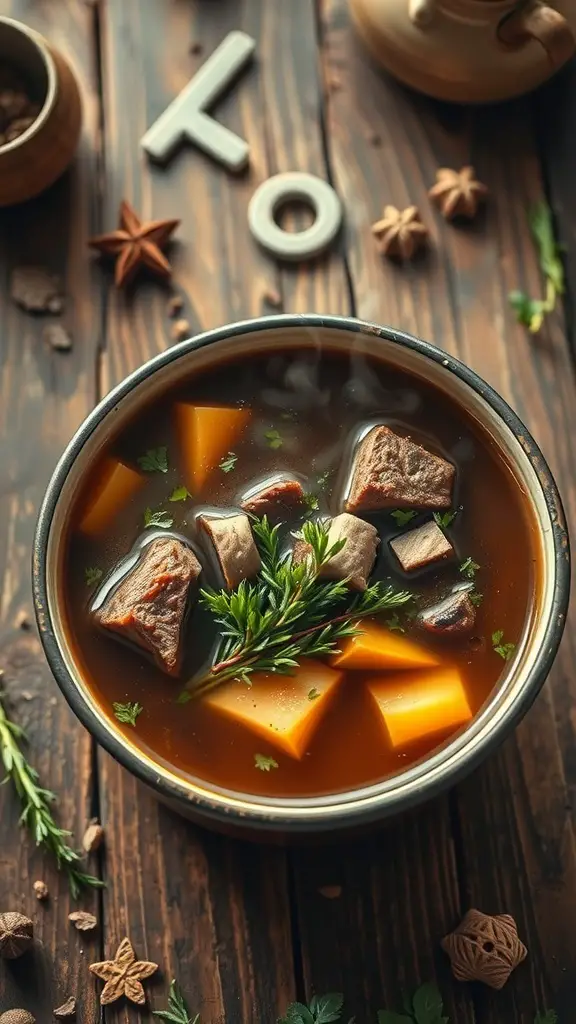 A bowl of hearty beef bone broth with chunks of beef and squash, garnished with fresh herbs.