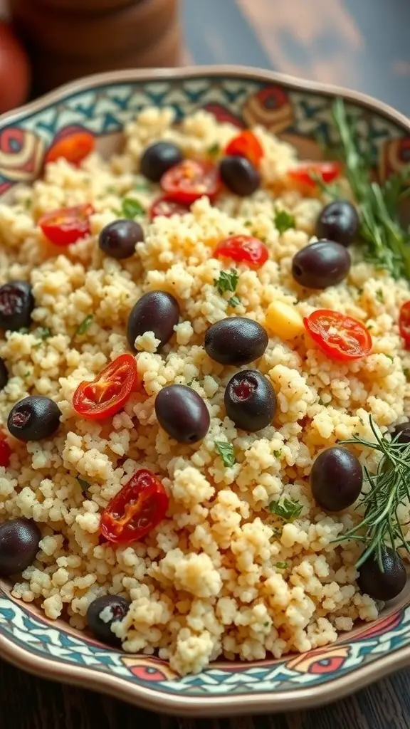 A bowl of Mediterranean couscous with cherry tomatoes, black olives, and herbs.