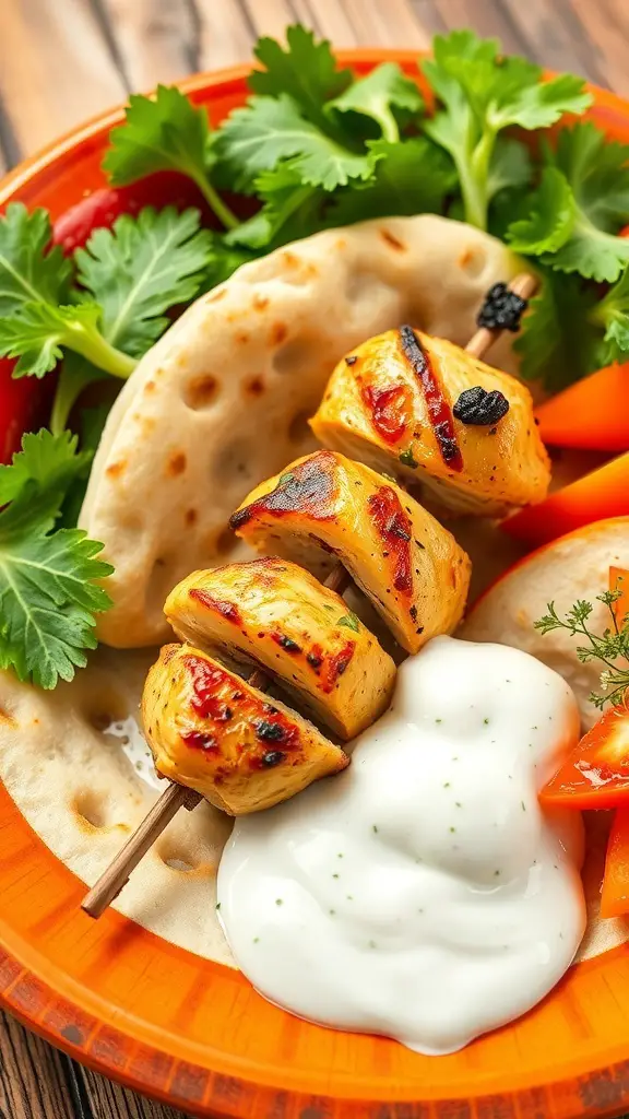 Grilled chicken souvlaki skewers with pita, yogurt sauce, and fresh vegetables