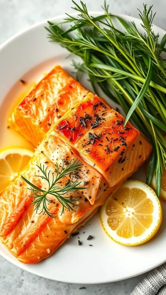 Baked salmon fillets garnished with dill and lemon slices on a white plate.