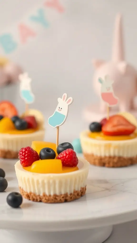 Mini cheesecakes decorated with fruits and baby-themed toppers
