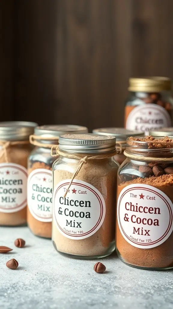 Jars of cocoa mix with personalized labels on a countertop.