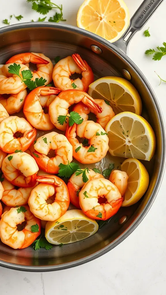 A pan filled with garlic butter fried shrimp, garnished with parsley and lemon slices.