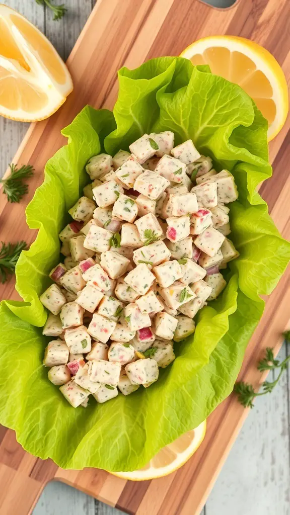 A bowl of tuna salad in a green lettuce leaf with lemon slices on the side.