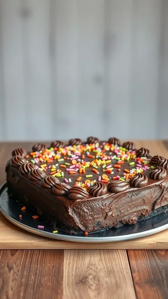 A chocolate sheet cake topped with colorful sprinkles, sitting on a wooden table.