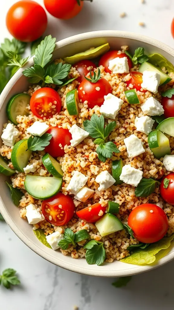 A vibrant Mediterranean quinoa salad with cherry tomatoes, cucumbers, bell peppers, and feta cheese.